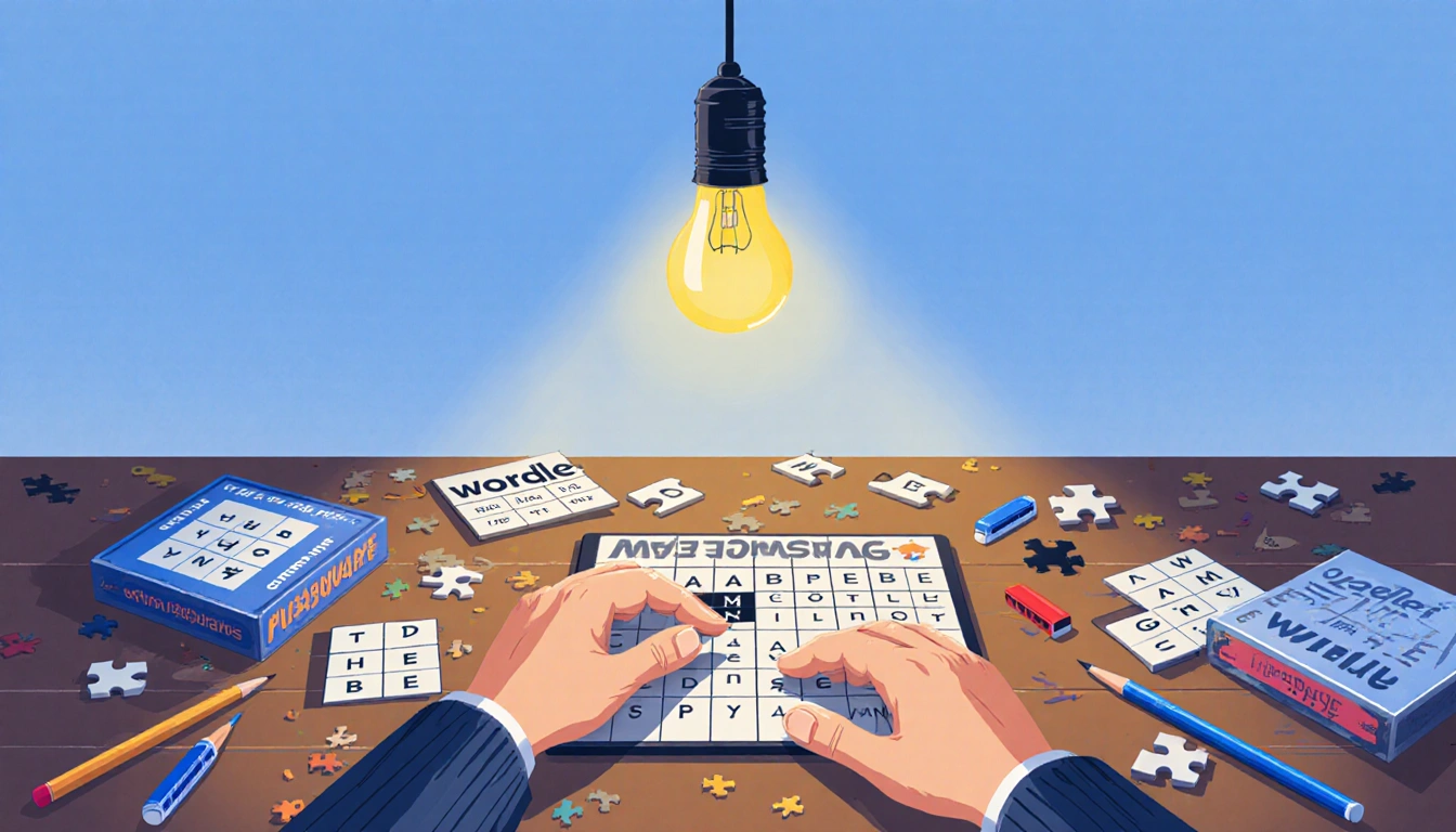 Person solving a puzzle with bright light bulb glow and scattered Wordle pieces on a wooden desk