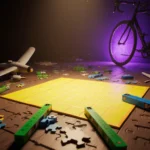 Puzzle grid illuminating with scattered green measuring tools and blue flight parts and a subtle purple glow