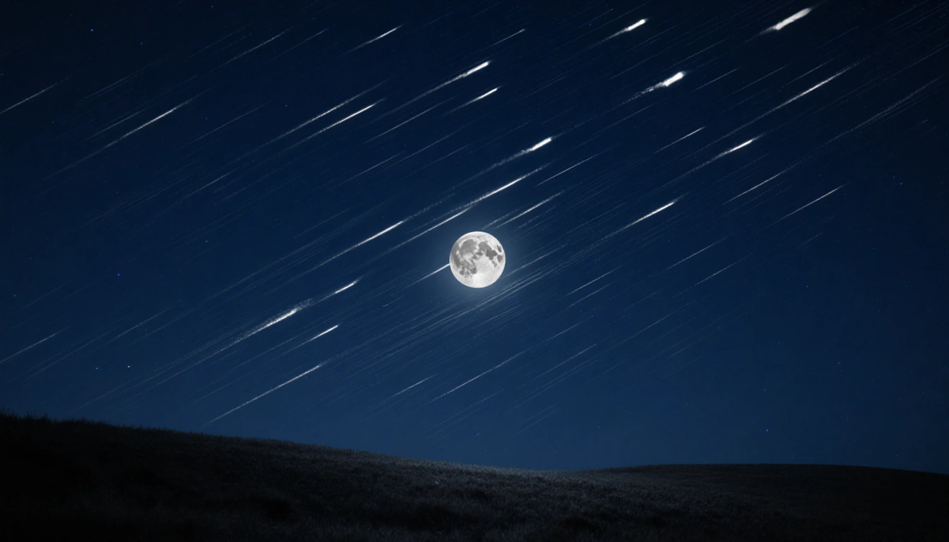 Night sky illuminated by supermoon with bright silver glow and meteors streaking across the dark blue