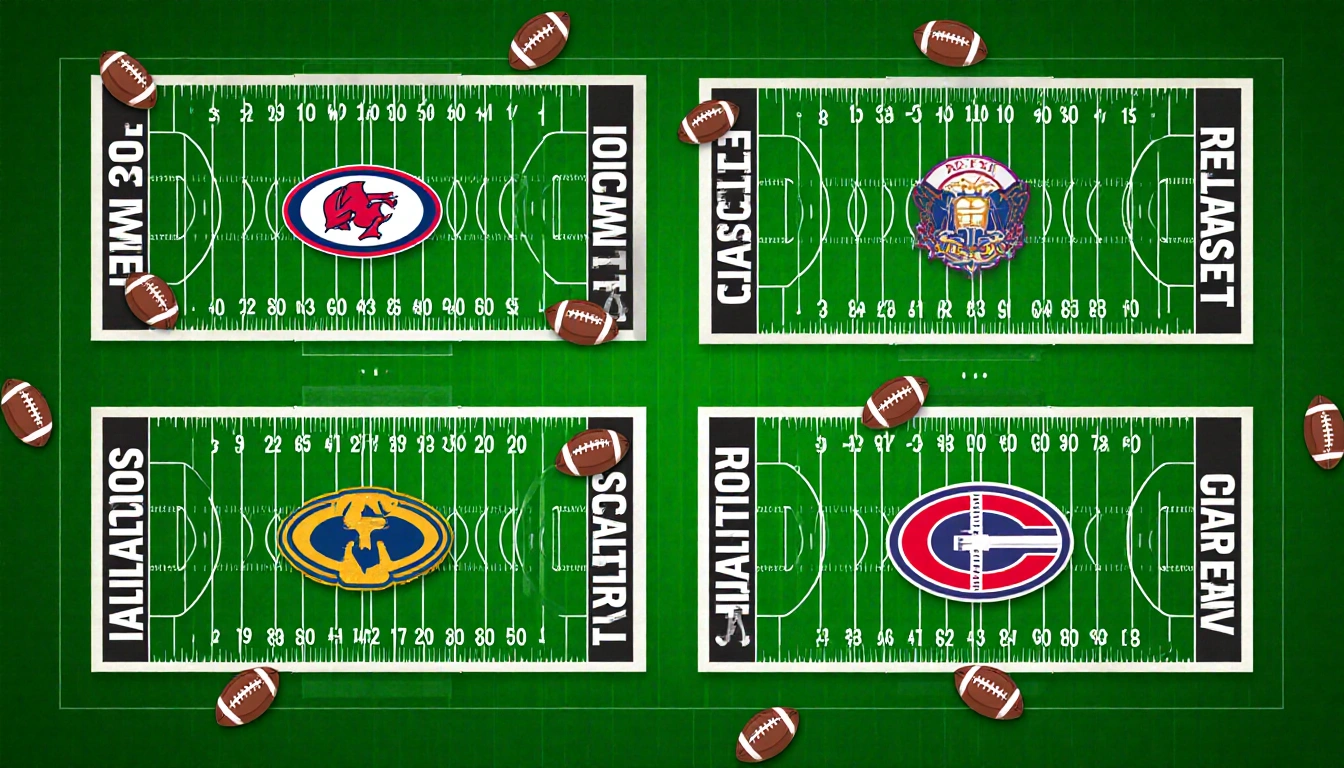 Four football fields arranged in a 2x2 grid with team logos and names and game titles forming a playoff bracket