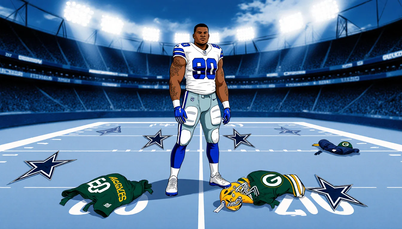 Quinnen Williams standing confidently with Cowboys jersey and scattered defensive line gear blurred Dallas Cowboys stadium