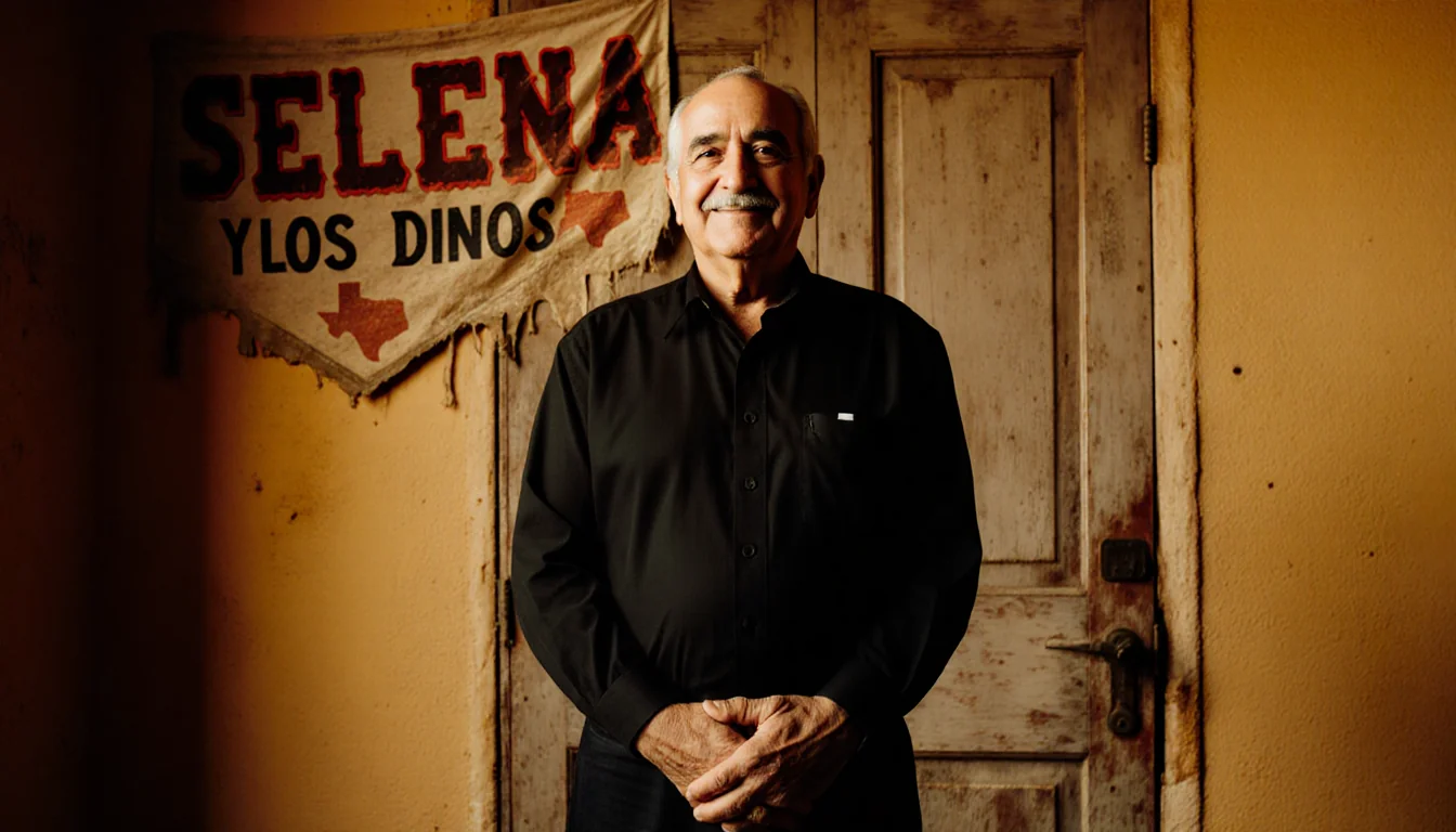 Quintanilla stands with clasped hands and a smile beside a wooden door with a faded