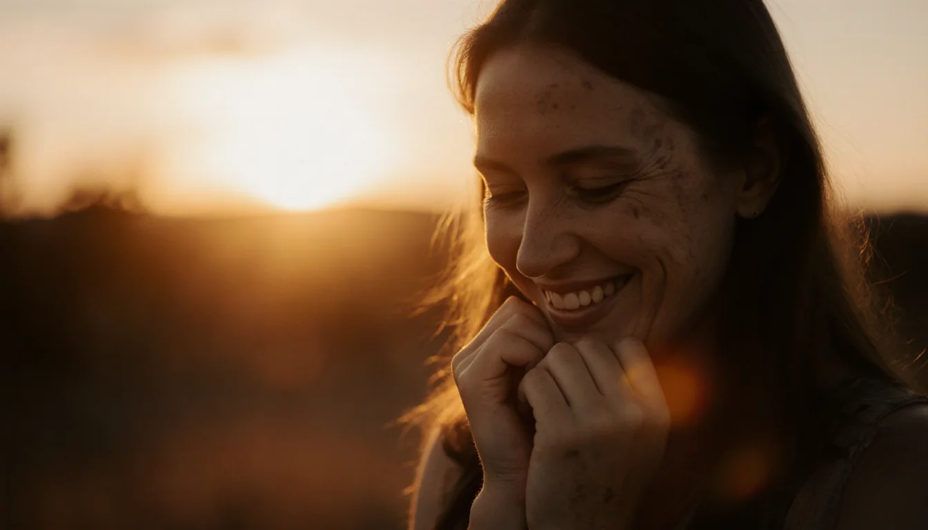 Rachael Carpani smiles with warm golden light and a soft-focus Australian sunset behind her