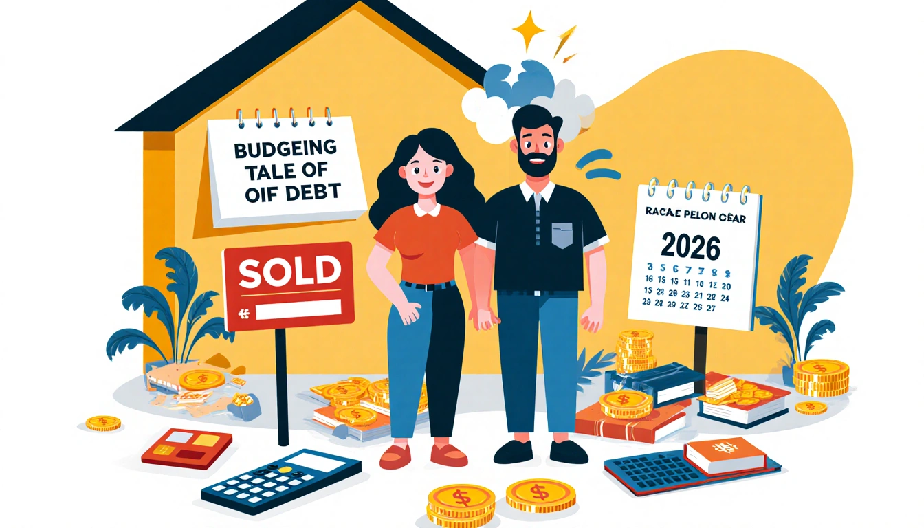 Rachel and her husband standing together in front of a sold sign with credit cards and a calendar showing 2026 determination.