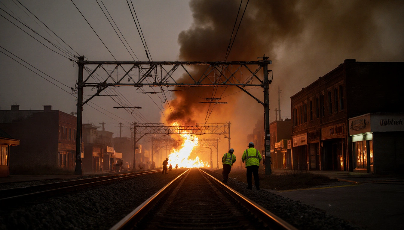 Emergency crew restoring power on a dark railroad track with a blazing pole and flames licking nearby businesses.