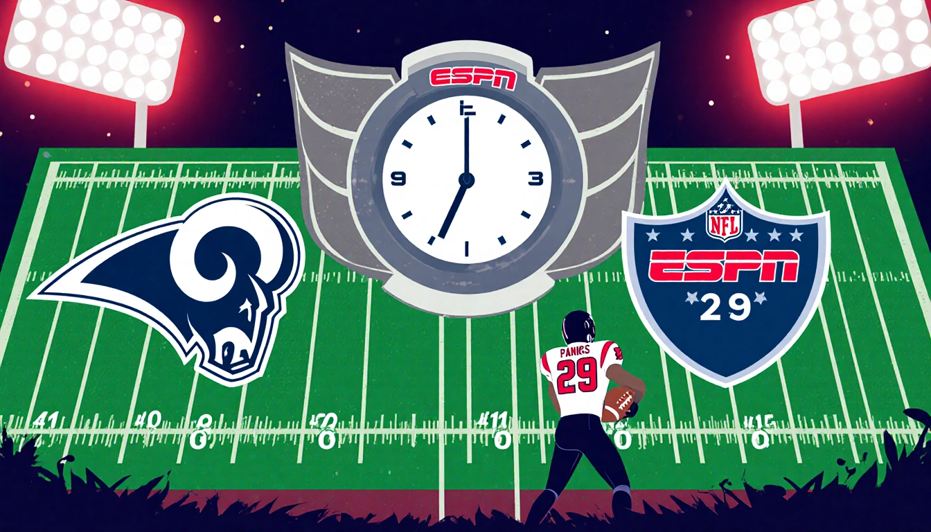 Rams player holding ball with countdown clock showing Dec. 29 at 8:15 p.m. ET and Falcons player looks up