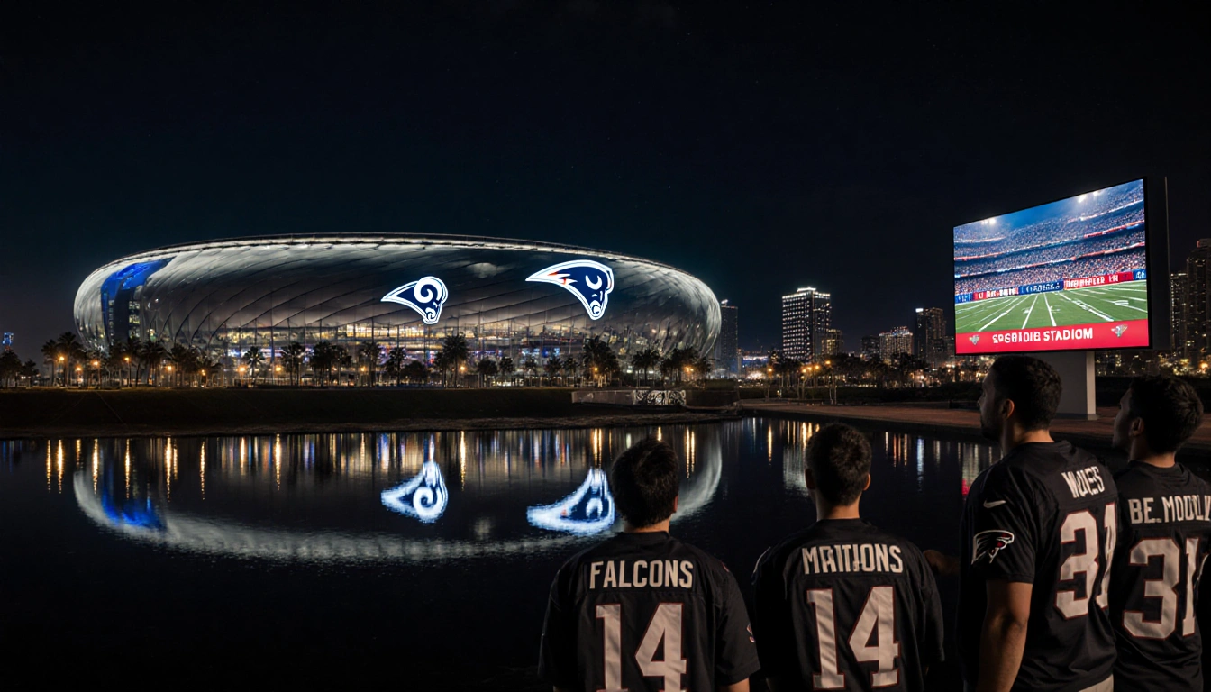 Fans gather around a TV screen showing a live Rams game with SoFi Stadium reflected in water and scoreboard Rams score