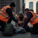 Volunteer kneeling gives warm drink to person with blankets on city street at dusk and Dallas skyline in background