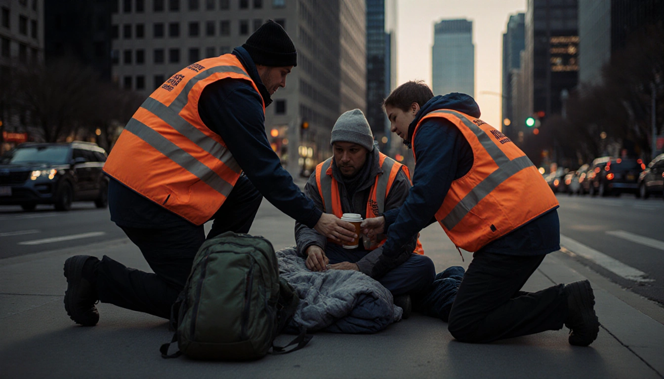 Volunteer kneeling gives warm drink to person with blankets on city street at dusk and Dallas skyline in background