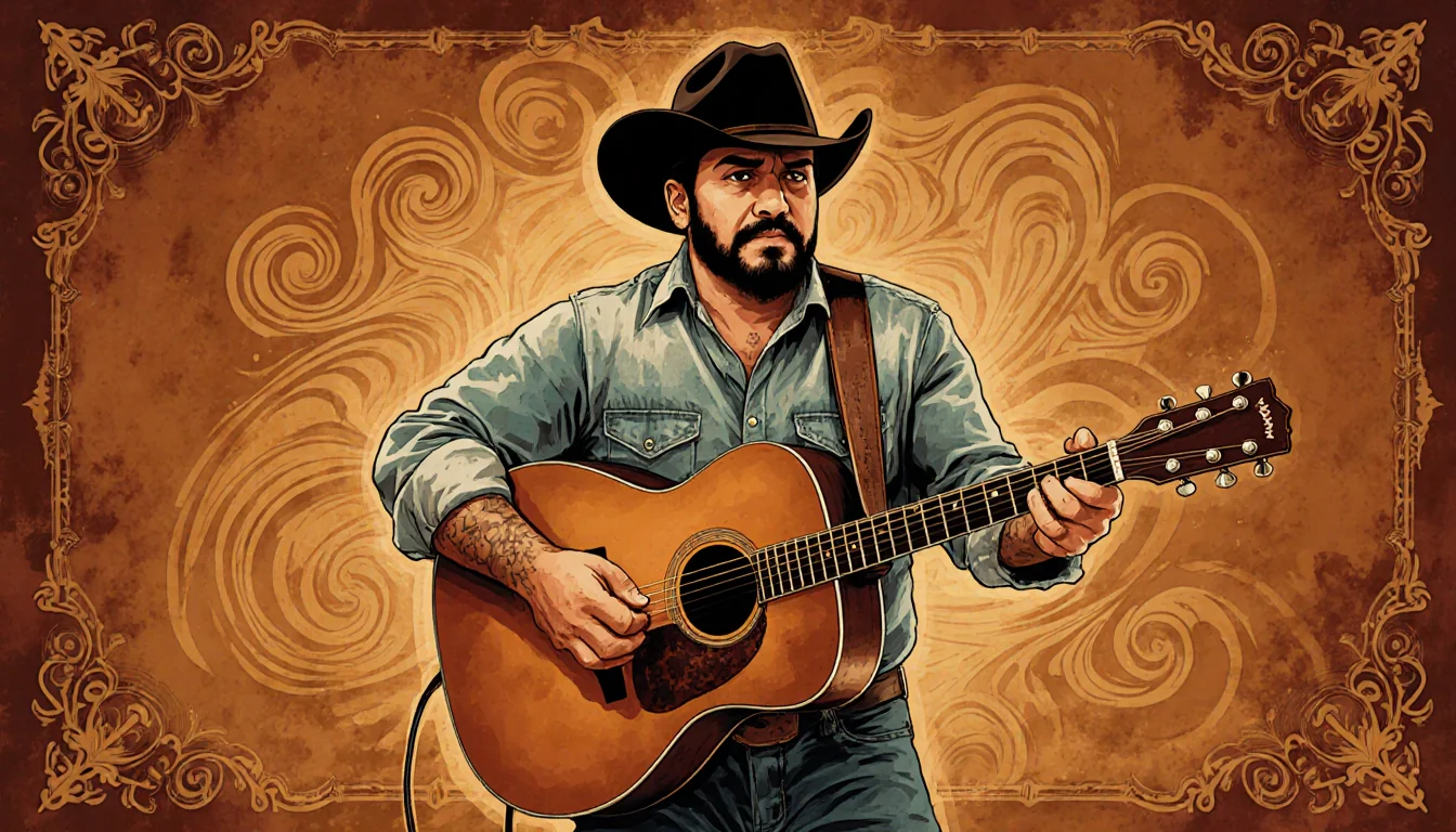 Raul Malo strumming a vintage guitar with a fedora and swirling textures over a warm earthy 1950s country backdrop