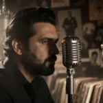 Raul Malo sits with reflection in polished microphone with warm glow and faded concert posters