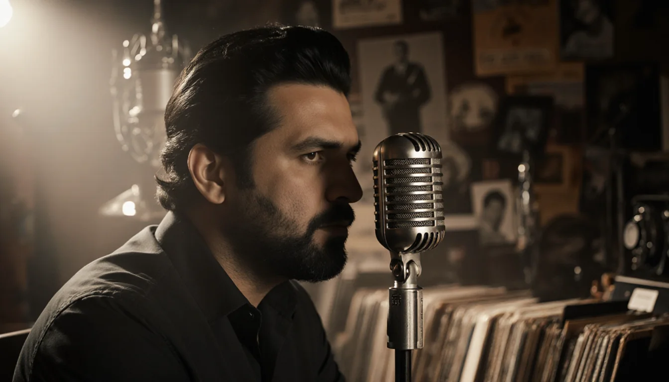 Raul Malo sits with reflection in polished microphone with warm glow and faded concert posters