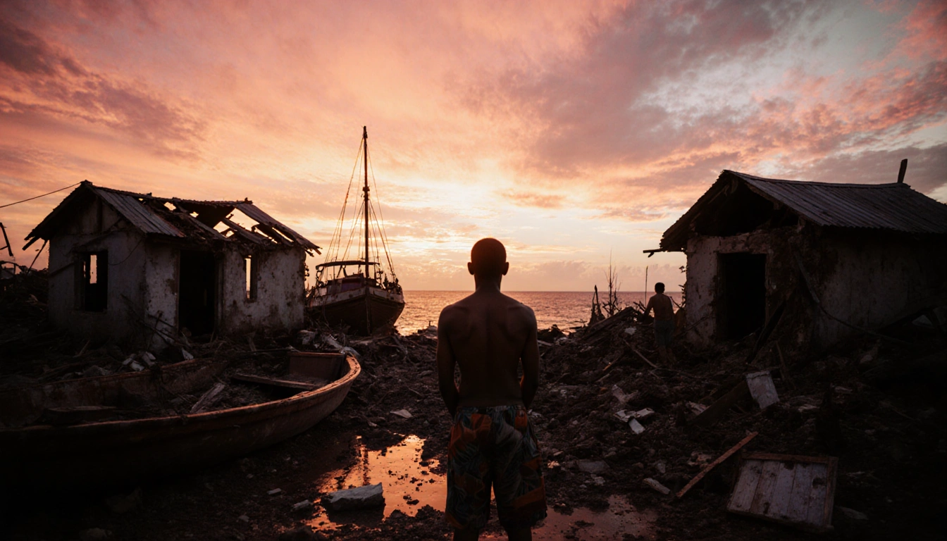 Wayuu community member standing on ruined fishing village shore with sunset sky and wrecked boat.