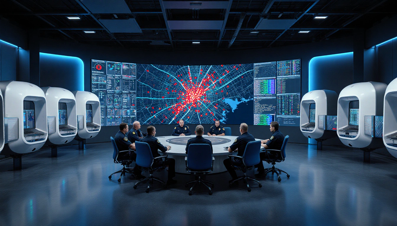 Officers monitor a central screen showing a map of Fort Worth with flashing red crime hotspots
