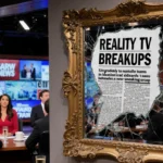 Mirror shatters reflecting a torn headline Reality TV Breakups with newsroom desks full of reporters and empty champagne glas