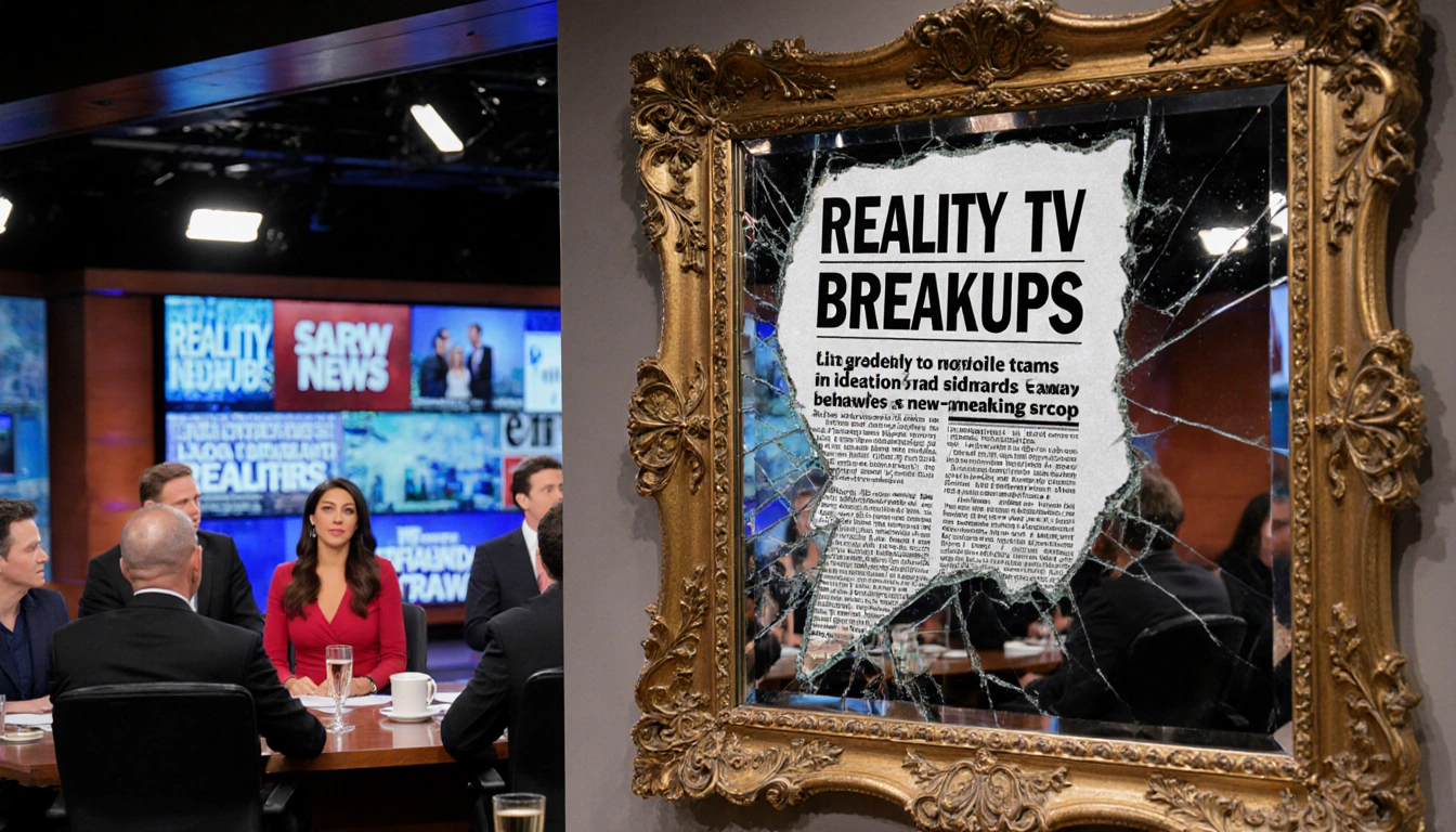 Mirror shatters reflecting a torn headline Reality TV Breakups with newsroom desks full of reporters and empty champagne glas