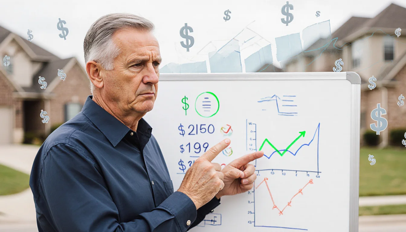 Realtor Chandler Crouch pointing to savings on a whiteboard with homes of a Tarrant County neighborhood in the background.
