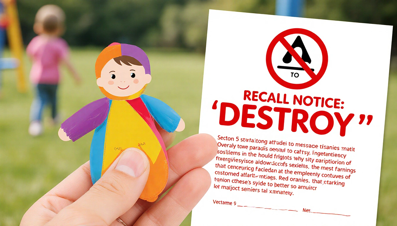 Child's hand holding a small colorful costume with a red X and a blurred child playing in background notice with warning