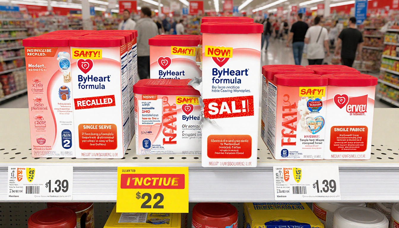 Retail shelf displays recalled ByHeart formula products with red stickers and a sale sign on a single‑serve pack