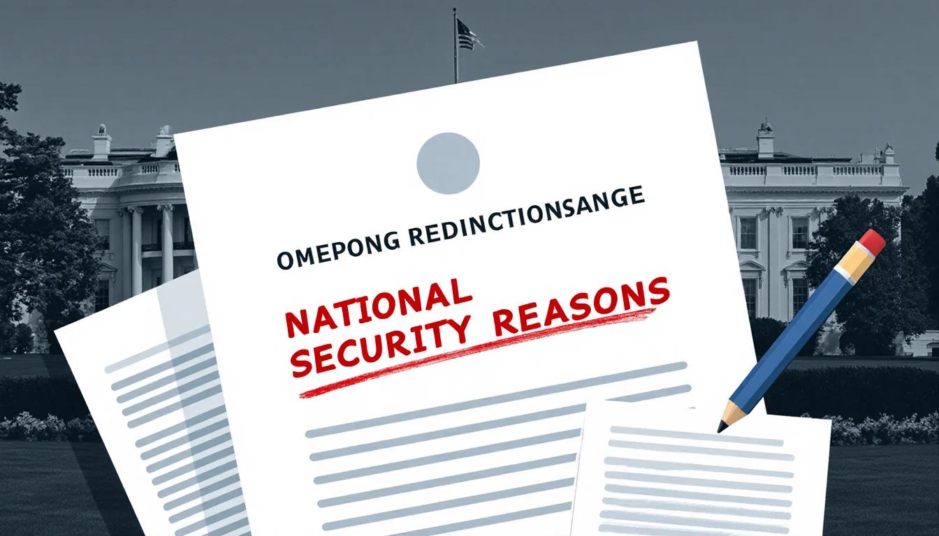 Red annotation marks 36‑page document with bold National Security Reasons and faded White House ballroom background in blue a