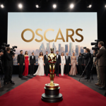 Celebrities walking toward the camera with a red carpet and a giant YouTube logo screen and Oscars statuettes nearby