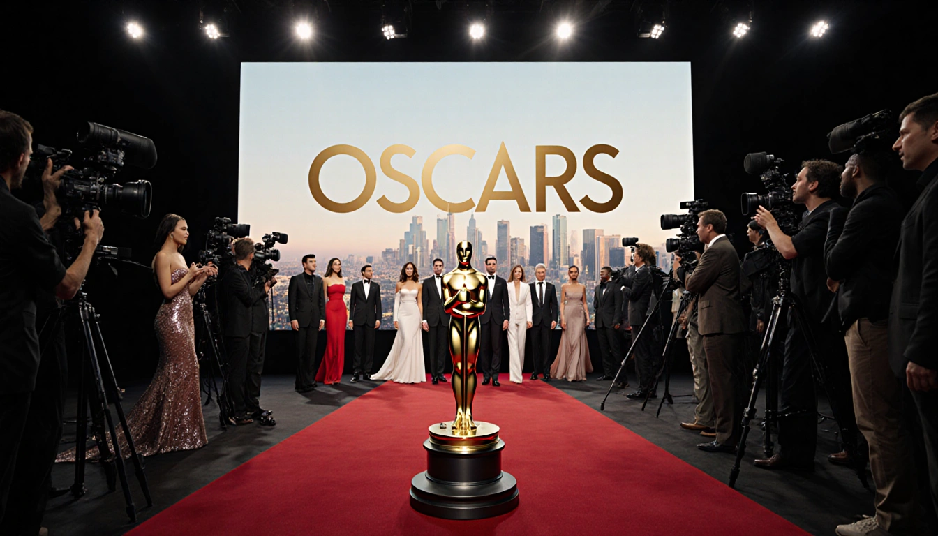 Celebrities walking toward the camera with a red carpet and a giant YouTube logo screen and Oscars statuettes nearby