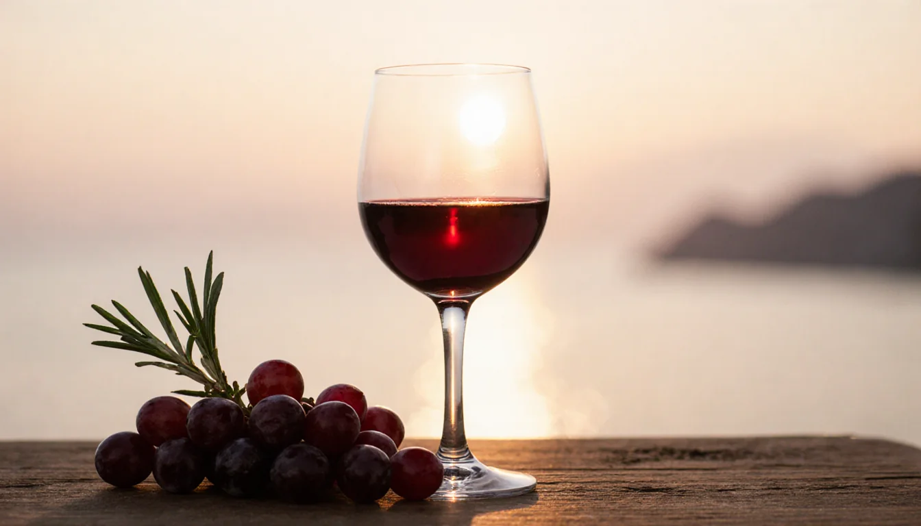 Red wine glass glows with scattered grapes on wooden table and olive leaves in Mediterranean backdrop