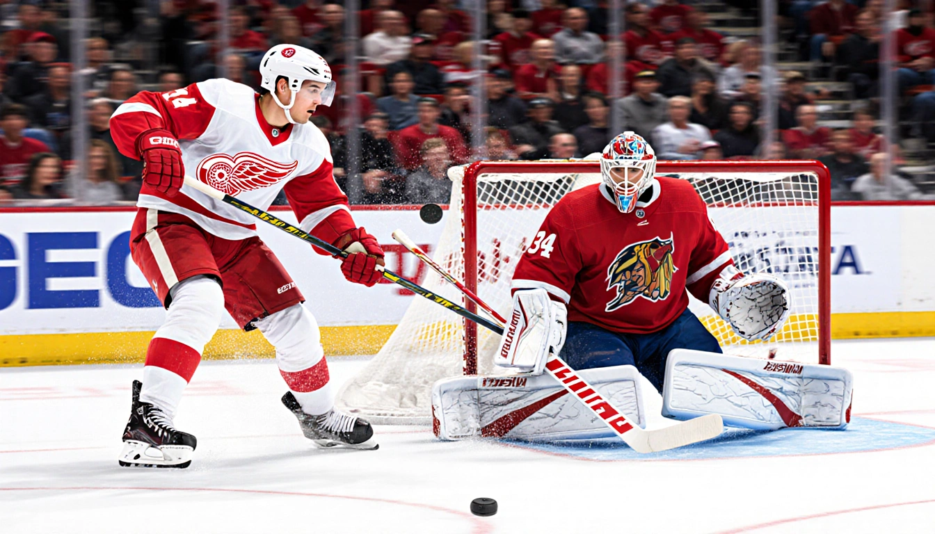 Larkin scoring past DeSmith with puck and blurred goalie in background and disheveled ice