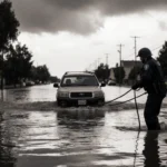 Person in rain gear pulling a rescue rope to free a submerged car with a police officer watching Redding amid heavy rain clou