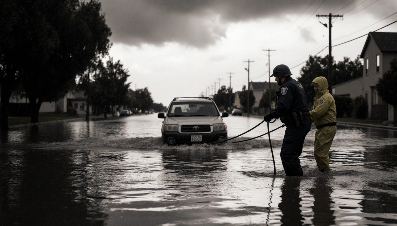 Person in rain gear pulling a rescue rope to free a submerged car with a police officer watching Redding amid heavy rain clou