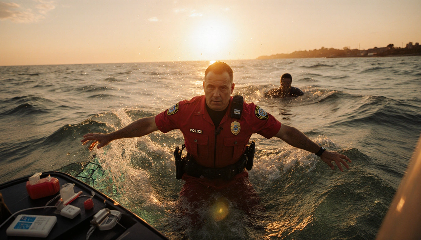 Red-clad Redding Police Officer swimming toward shore pulling victim to safety with damaged vehicle windows and CPR kit