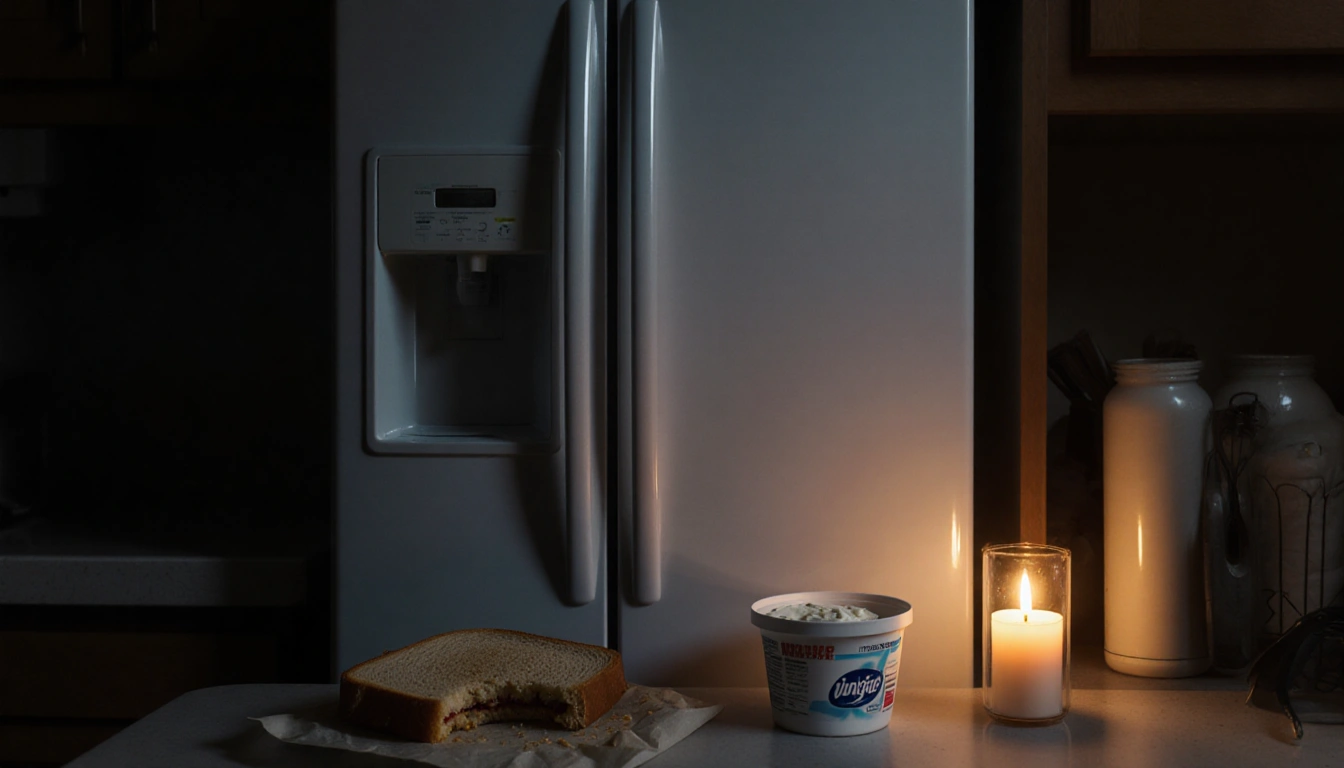 Closed refrigerator keeps food safe with dim background and emergency candle glow near a half-eaten sandwich