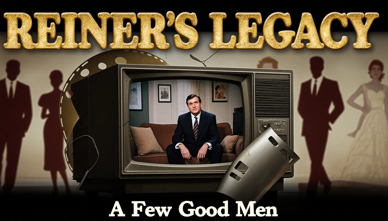 Film reel unraveling with a broken thread and a faded TV set showing Meathead on the couch beside a Hollywood silhouette