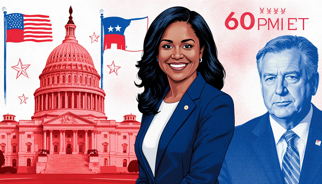 Rep. Jasmine Crockett stands before Texas Capitol with Democratic blue tones and flag showing Senate race.