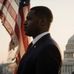 Rep Marc Veasey standing with faded American flag and blurred Washington DC skyline