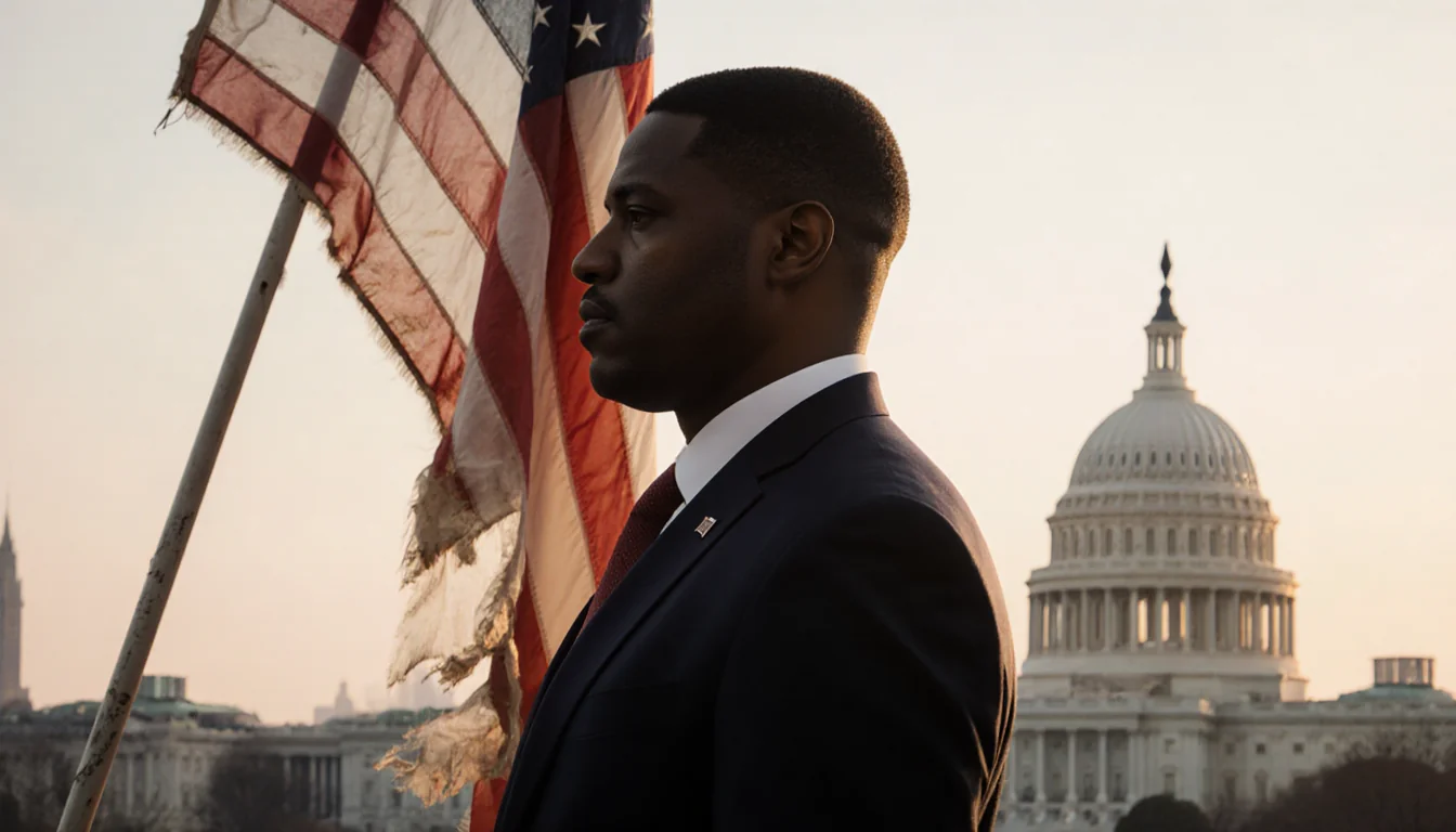 Rep Marc Veasey standing with faded American flag and blurred Washington DC skyline