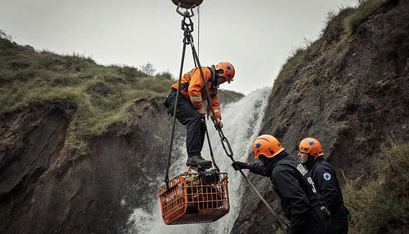 Rescue team lifts pilot onto stokes basket with ropes and pulleys and paramedics tend to him near a steep ditch