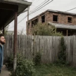 Homeowner standing by porch looking at new whiskey lounge behind fence with overgrown plants