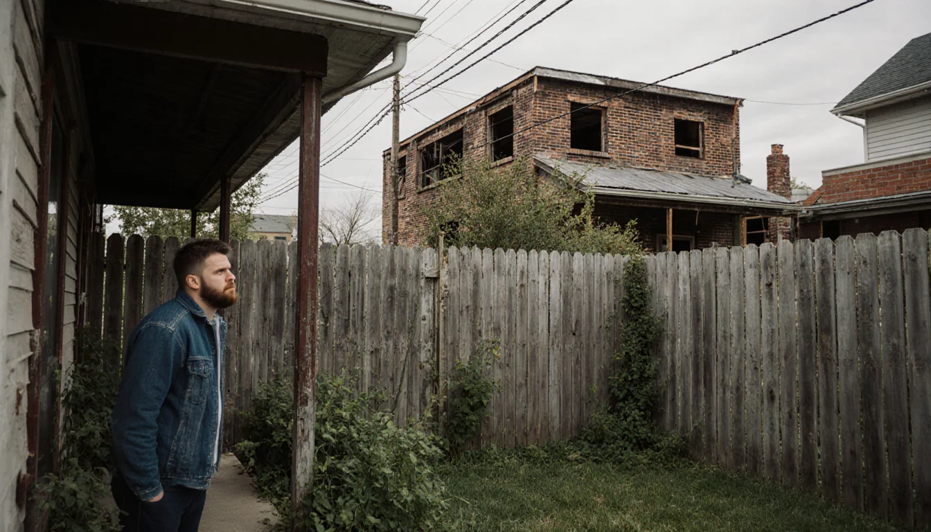 Homeowner standing by porch looking at new whiskey lounge behind fence with overgrown plants