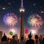 Reunion Tower sparkles with fireworks and drones above as diverse crowds hold balloons and party hats beneath glowing lights