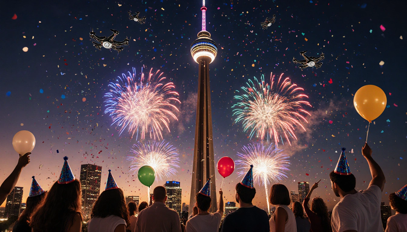 Reunion Tower sparkles with fireworks and drones above as diverse crowds hold balloons and party hats beneath glowing lights