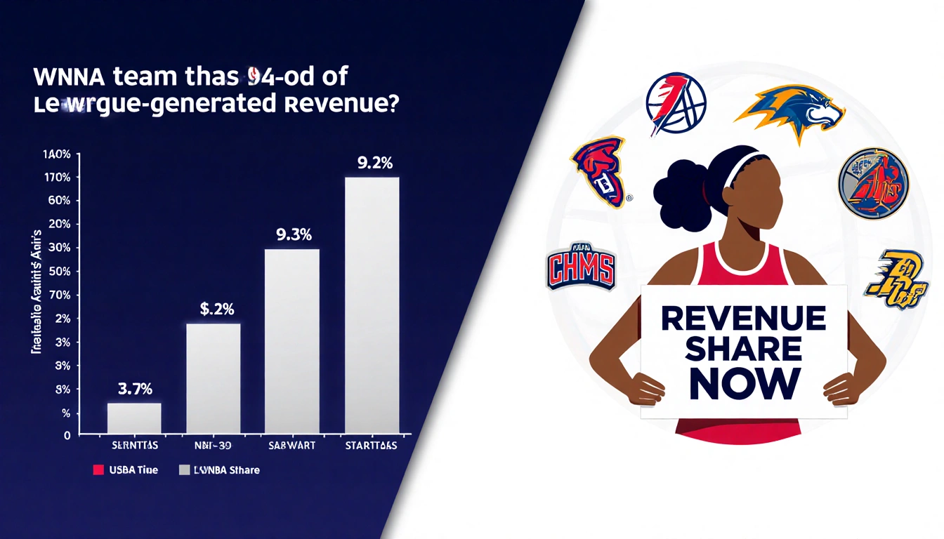 Basketball player holding revenue share now banner with WNBA logos beside split graph showing 9.3% versus 50% NBA share.