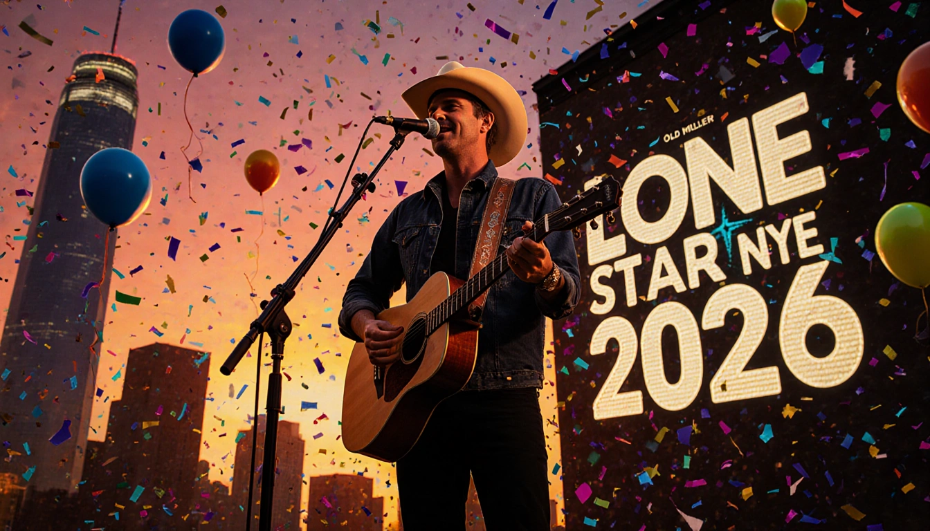 Rhett Miller standing with guitar as confetti balloons float above Dallas skyline graffiti banner reading Lone Star NYE 2026