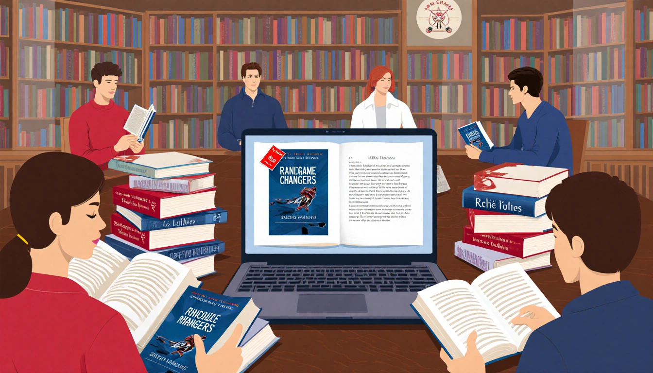 Readers sit at a cozy bookstore with hockey-themed books and Game Changers series while laptop shows e-book with bookmark