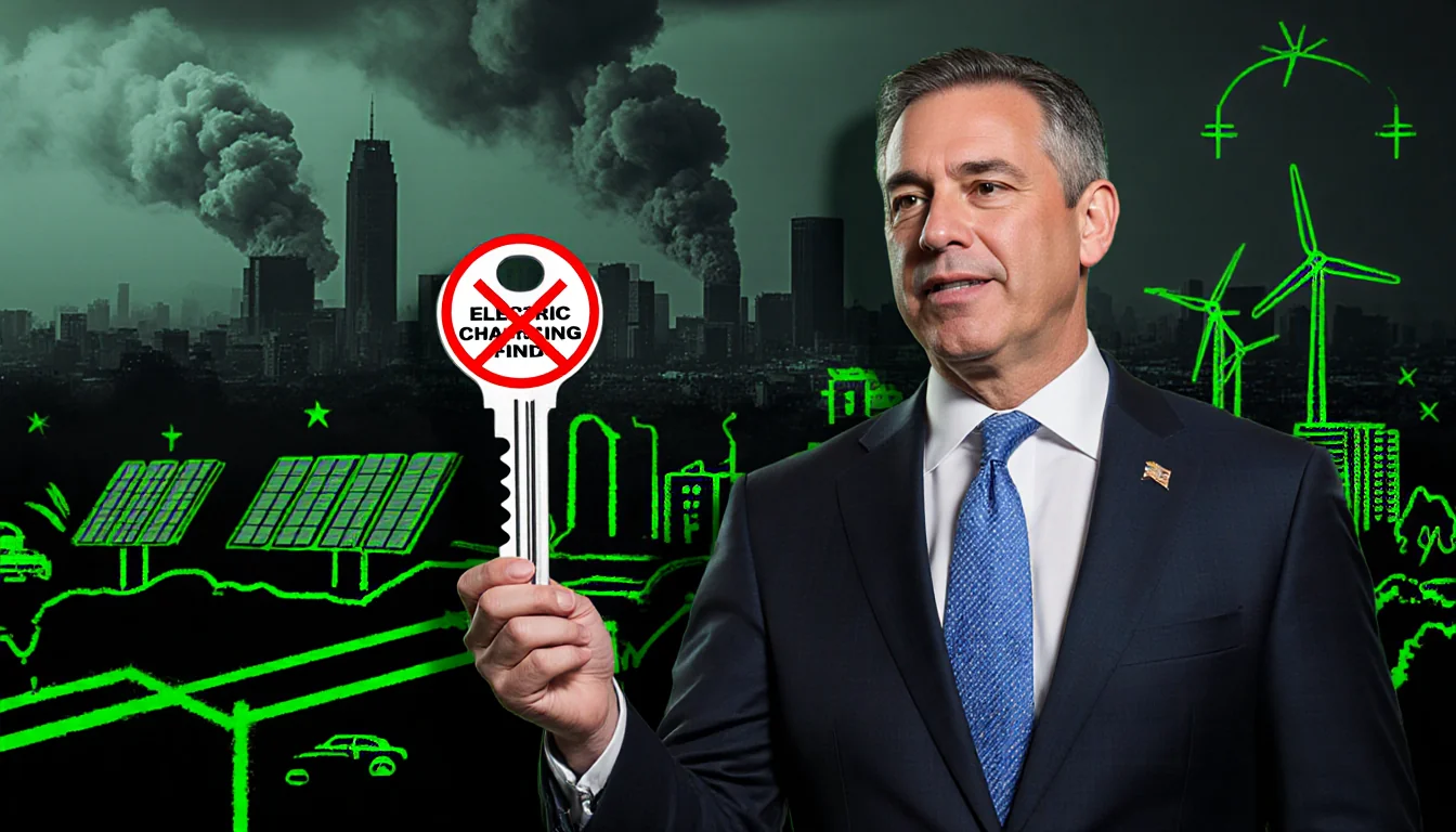 Rob Bonta holding a key marked X over Electric Vehicle Charging Funds beside a cityscape solar panels