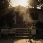 Brentwood home glowing with dusk light and mist around trees near a red rose