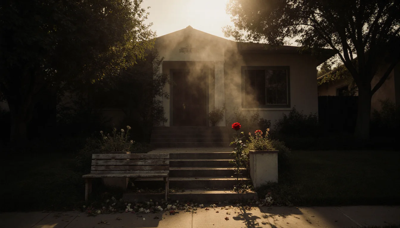Brentwood home glowing with dusk light and mist around trees near a red rose