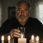 Rob Reiner stands at a Hanukkah table holding an empty glass with a single candle flame lighting his hands and resilient face