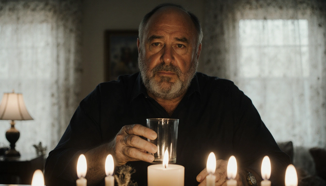Rob Reiner stands at a Hanukkah table holding an empty glass with a single candle flame lighting his hands and resilient face