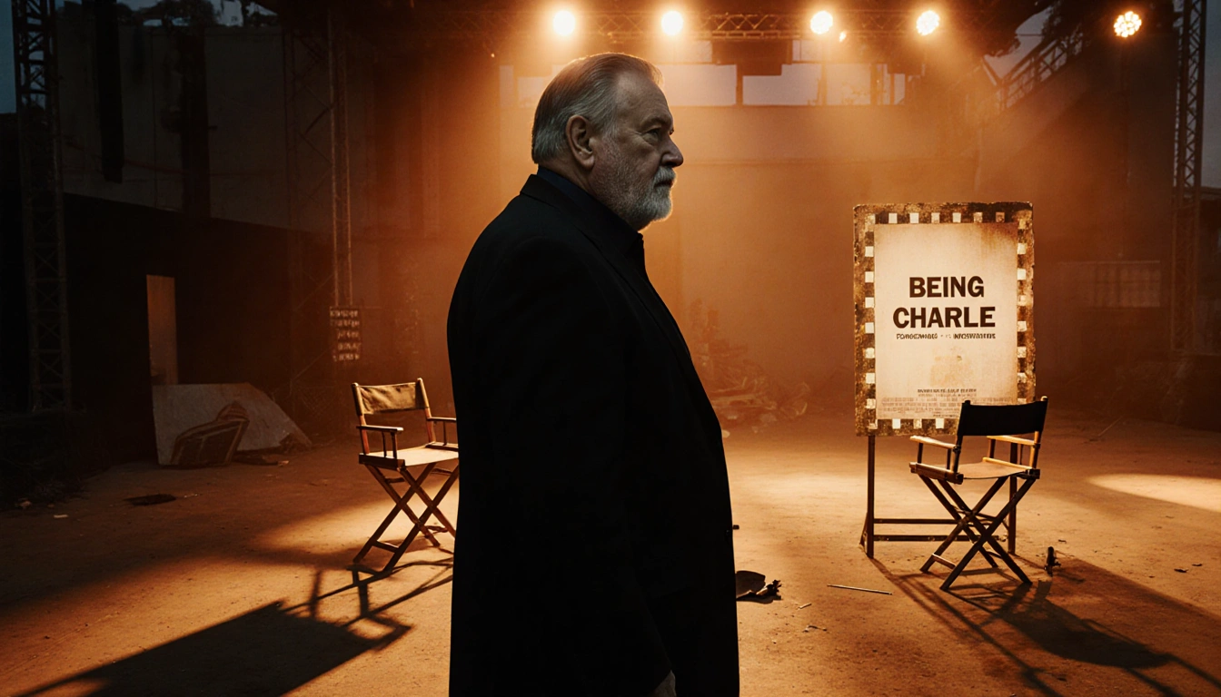 Rob Reiner standing alone with faded film poster of Being Charlie and warm orange glow behind